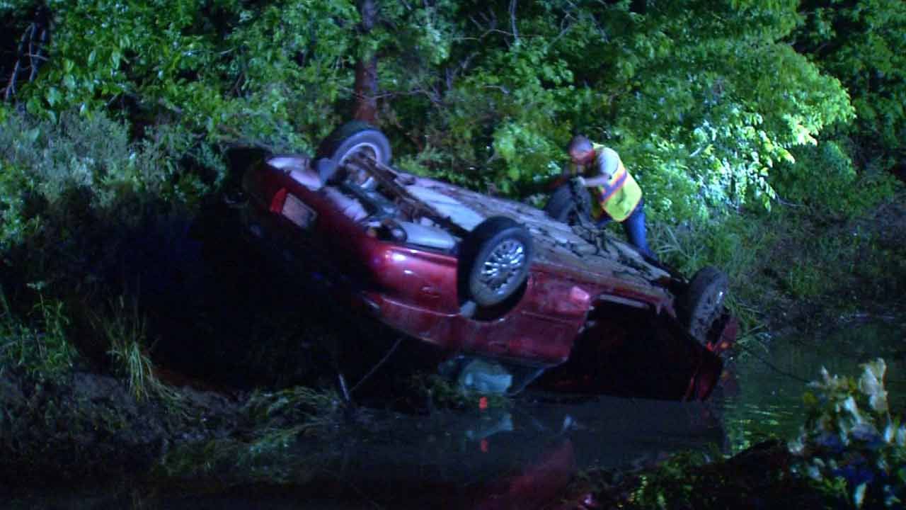 Car Lands Upside Down In Water-Filled Ditch Outside Skiatook