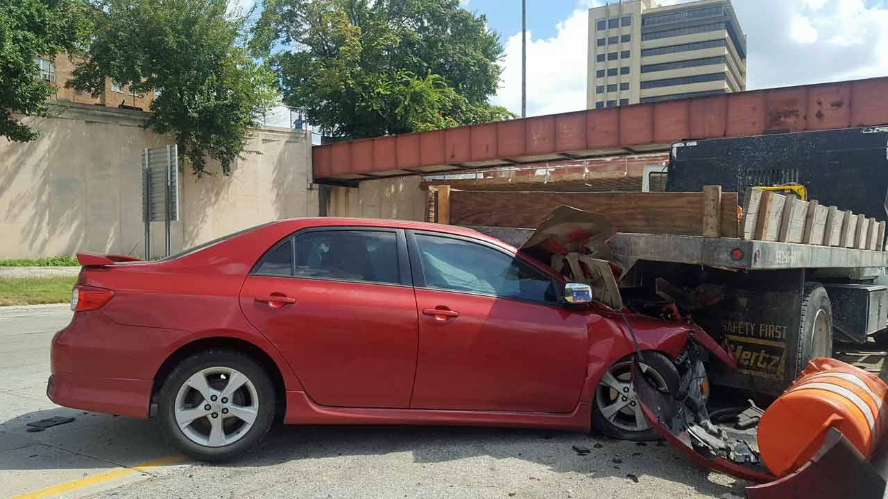 Car Rear-Ends Flatbed Truck On Tulsa IDL