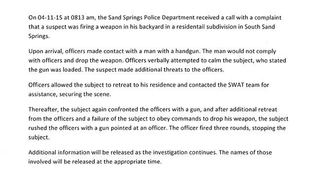 Sand Springs Police released more information Saturday afternoon.