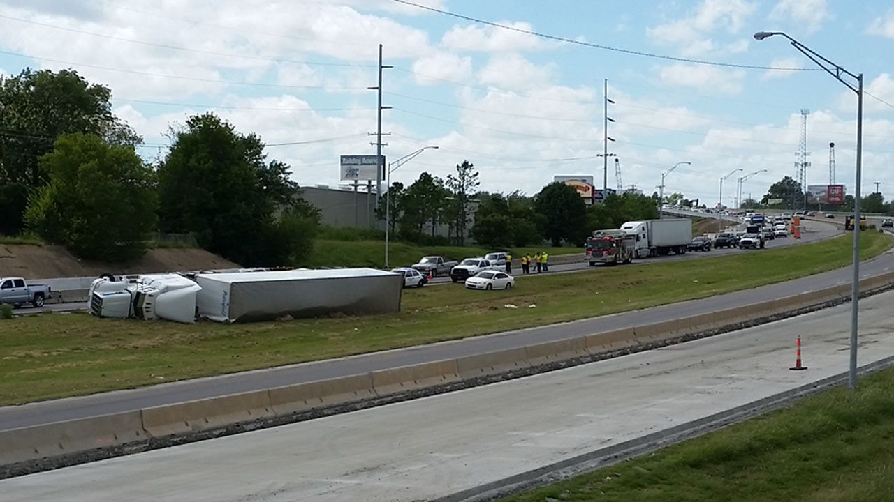 Semi Rolls Over In Tulsa I-244 Construction Zone