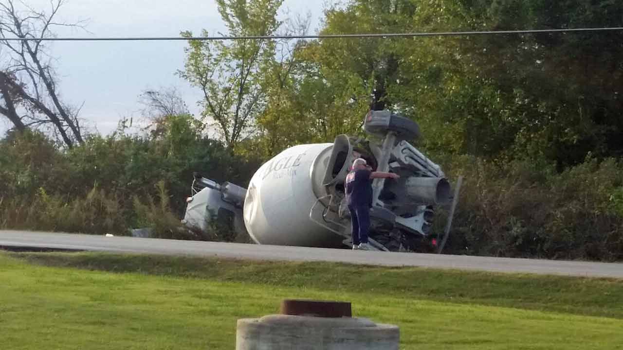 Cement Truck Overturns, Leaking Fluids Into Tulsa Creek