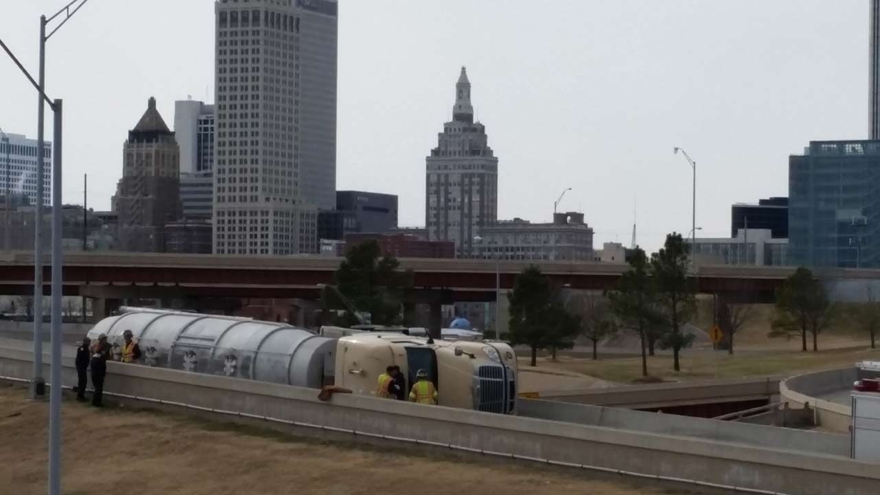 Semi Flips On IDL In Tulsa
