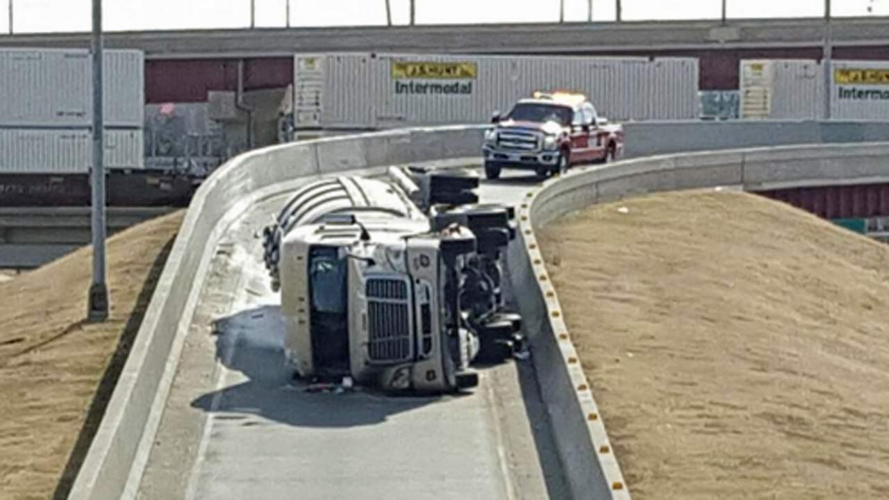 Tanker Carrying Flour Overturns On Tulsa Highway Ramp